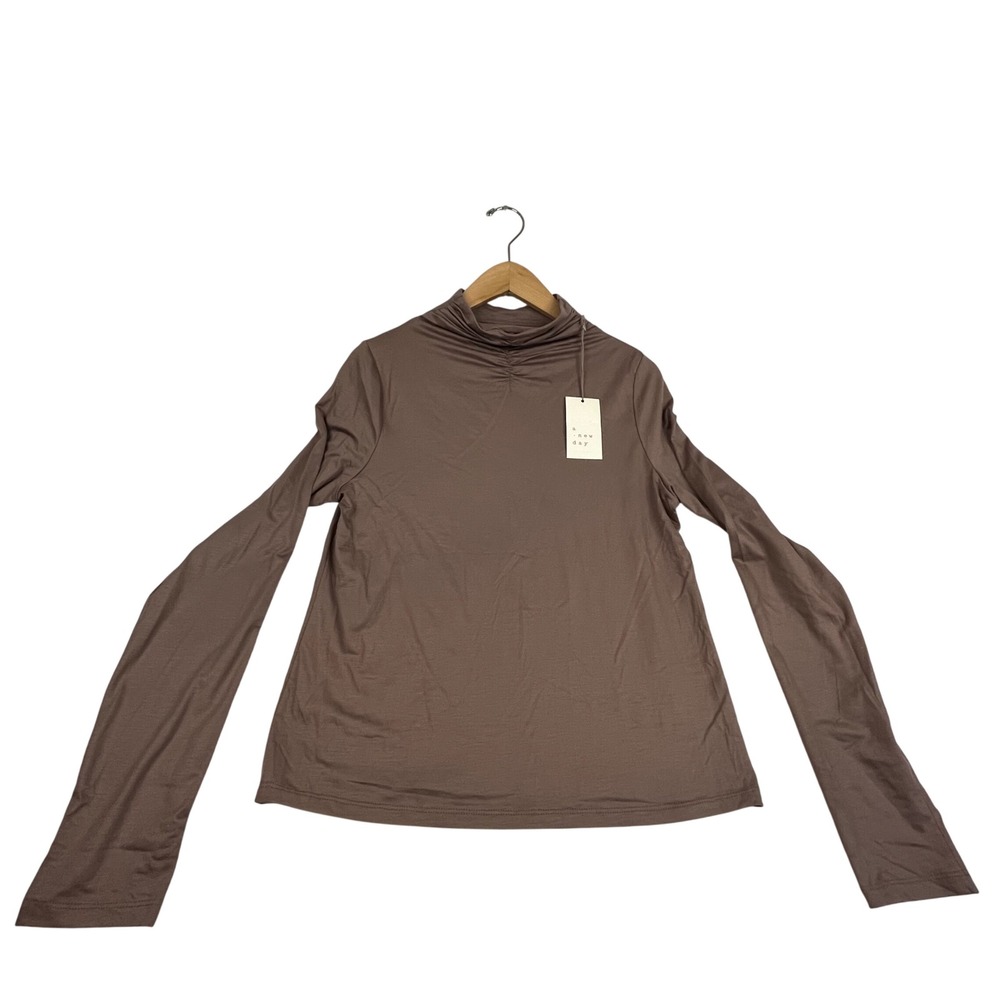 A New Day Women Taupe Mock Neck Long Sleeve Tencel Blend Top Medium NWT